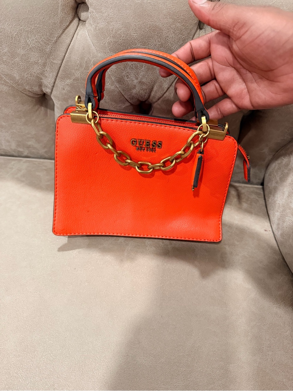 GUESS Orange Top-Handle Satchel with Gold Chain Accent